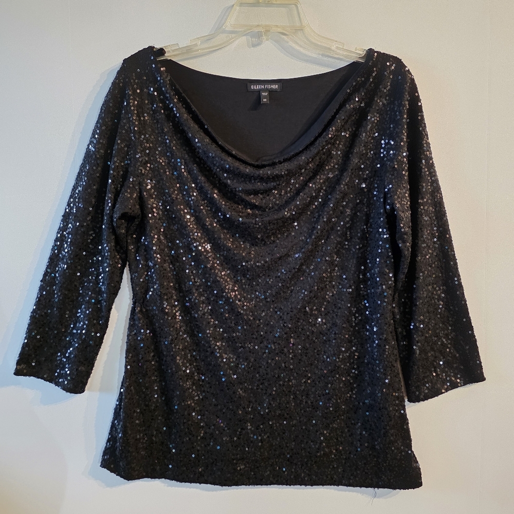 Eileen Fisher Black Sequin Silk Cowl Bateau Neck Blouse Top Lined Womens Size XS